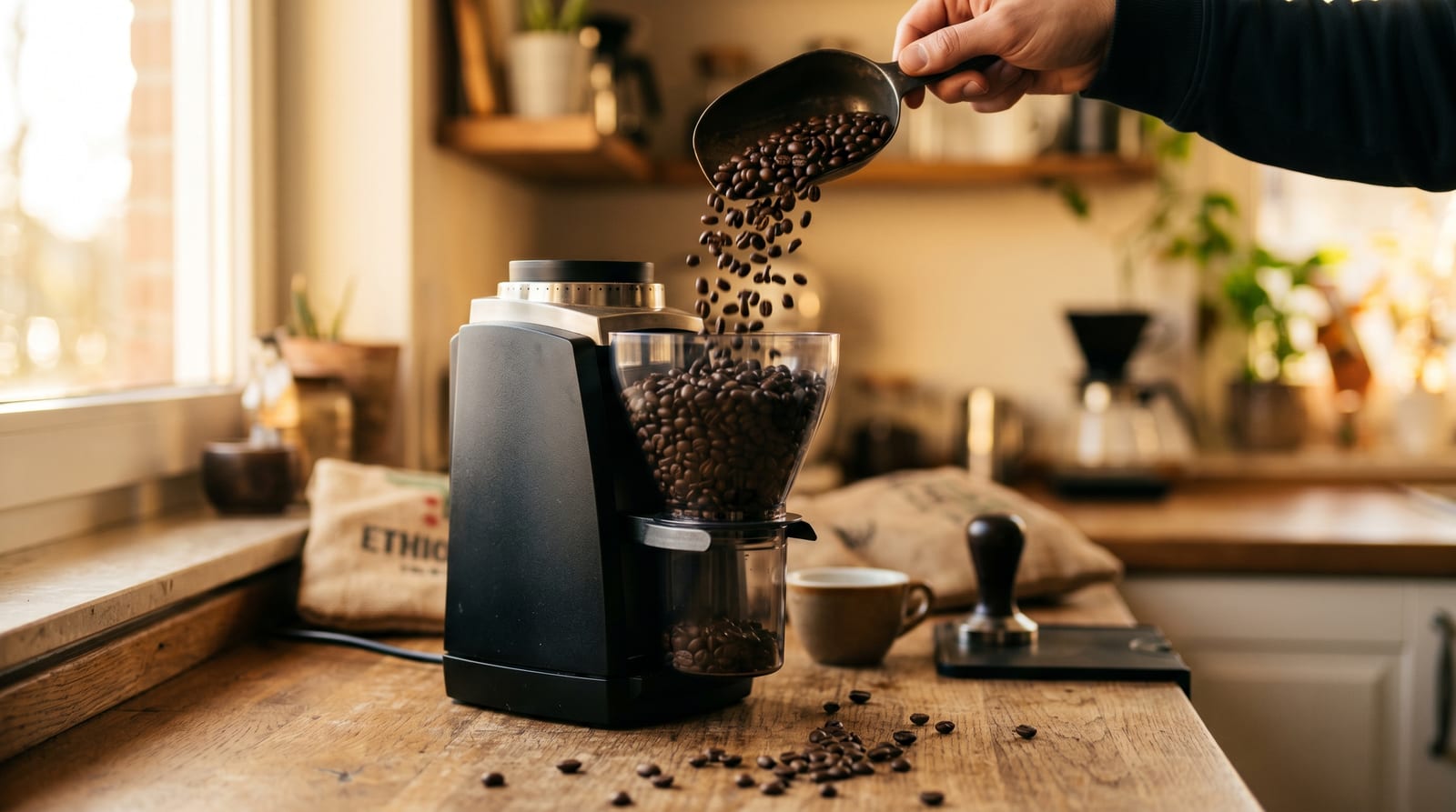Fresh dark coffee beans pouring into a burr grinder hopper in warm kitchen light