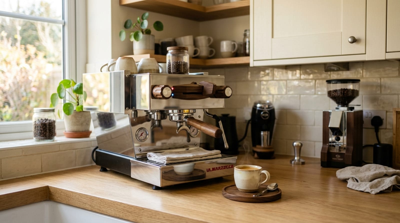 A premium espresso machine on a sunlit kitchen counter with mugs, a grinder, and a fresh cup